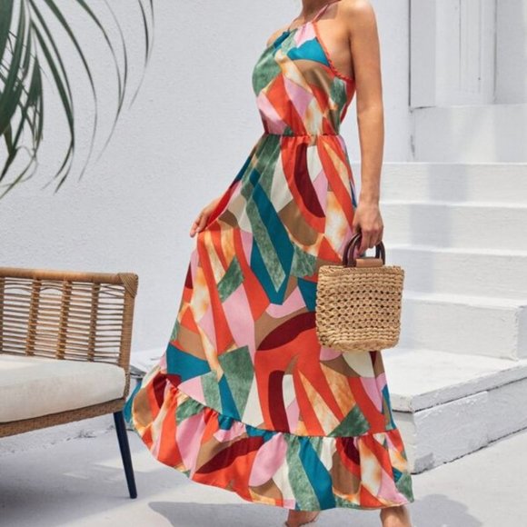 Multicolor Halter Ruffle Hem Maxi Dress - Picture 2 of 8